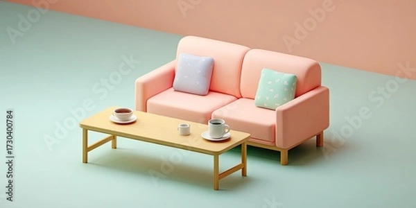Fototapeta Minimalist interior scene with sofa coffee table and pastel color background