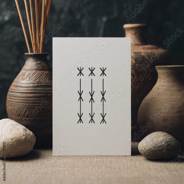 Fototapeta Minimalist artwork with abstract design next to ceramic vases