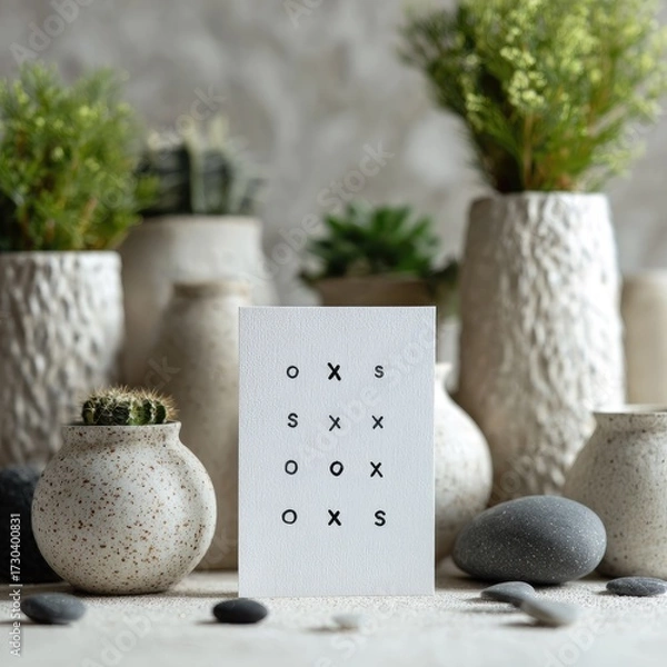 Fototapeta Minimalist composition with plants textured vases and a white card