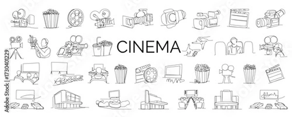Obraz Cinema one line set on white background. Minimalist outline of retro and modern cinema equipment in linear style