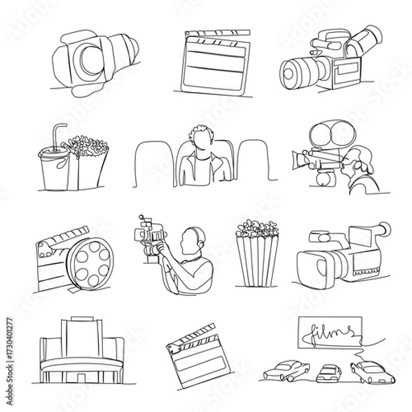 Obraz Cinema one line set on white background. Minimalist outline of retro and modern cinema equipment in linear style