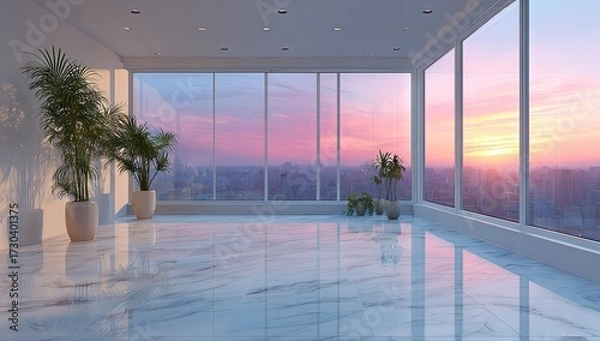 Fototapeta Modern interior with large windows and colorful sunset view background
