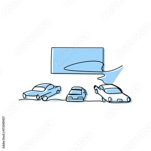 Obraz Minimal drive-in cinema illustration with cars watching movie screen, blue line style of nostalgic film culture