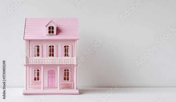 Fototapeta Pink dollhouse miniature on white background for design and concepts