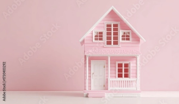 Fototapeta Pink house miniature isolated on pink background architecture concept