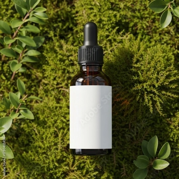 Fototapeta Amber Dropper Bottle Mockup with a Blank Label on a Green Moss Background