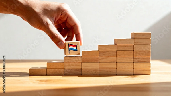 Fototapeta Hand placing Dutch flag block on staircase