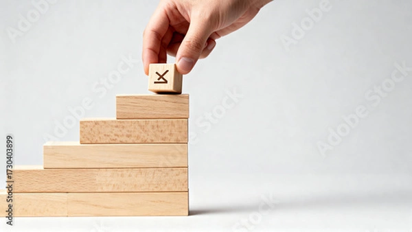 Fototapeta Hand Placing Checkmark Block on Wooden Steps