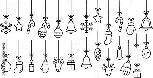 Fototapeta Hanging Christmas Ornaments Line Icons Vector Set