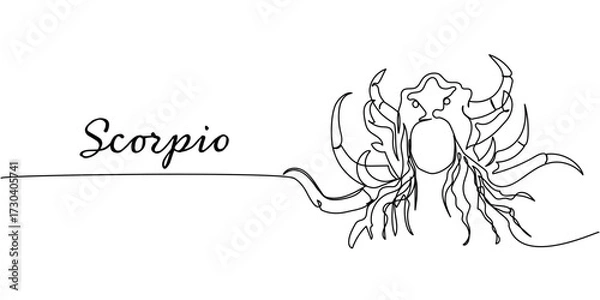 Obraz Minimalist one-line zodiac illustration of Scorpio, abstract scorpion form, continuous black contour drawing