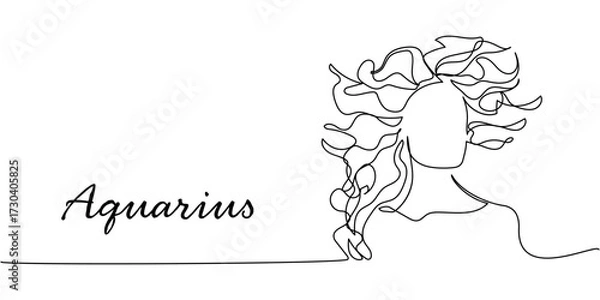 Obraz Minimalist one-line Aquarius zodiac sign illustration, elegant linear portrait with flowing hair in continuous black contour art