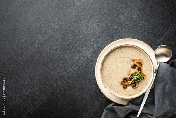 Fototapeta Mushroom soup puree on white kitchen table.