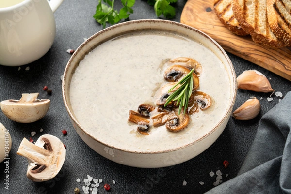 Fototapeta Mushroom soup puree on white kitchen table.