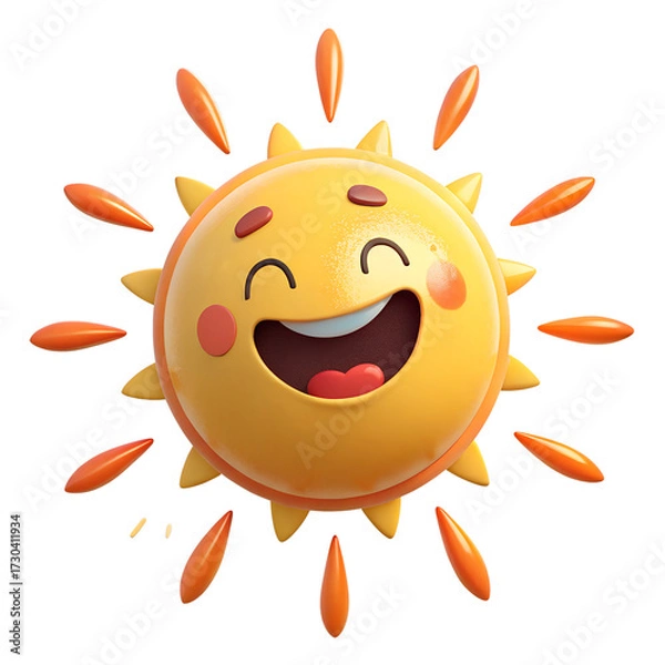 Fototapeta Happy smiling sun cartoon 3D render cheerful sunny day bright yellow orange
