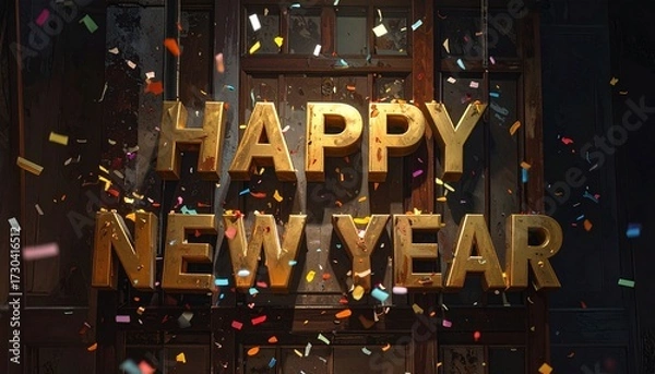 Fototapeta Golden ‘Happy New Year’ letters shine brilliantly as colorful confetti cascades from above, captured in a cinematic wide-angle shot with dramatic lighting and forward camera pan