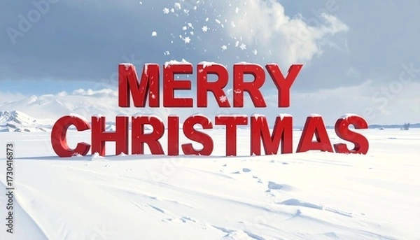 Fototapeta A giant bold red “Merry Christmas” stands tall against a snowy white background as delicate white snowflakes fall gracefully from above, captured in a cinematic wide-angle shot with dramatic lighting