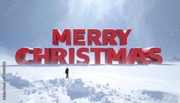Fototapeta A giant bold red “Merry Christmas” stands tall against a snowy white background as delicate white snowflakes fall gracefully from above, captured in a cinematic wide-angle shot with dramatic lighting