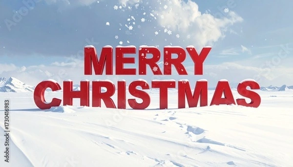 Fototapeta A giant bold red “Merry Christmas” stands tall against a snowy white background as delicate white snowflakes fall gracefully from above, captured in a cinematic wide-angle shot with dramatic lighting