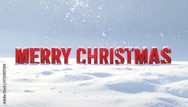 Fototapeta A giant bold red “Merry Christmas” stands tall against a snowy white background as delicate white snowflakes fall gracefully from above, captured in a cinematic wide-angle shot with dramatic lighting