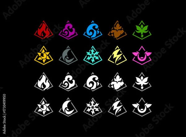 Fototapeta Triangle elemental rune icons. Fire, water, wind, earth, nature, sun, shadow, ice, lightning, spirit. Minimal fantasy RPG emblem, magic symbol set, clean game UI design pack.