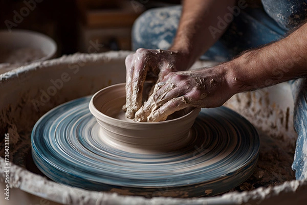 Fototapeta Crafting a Pottery Bowl on a Spinning Wheel in an Artisan Studio Environment