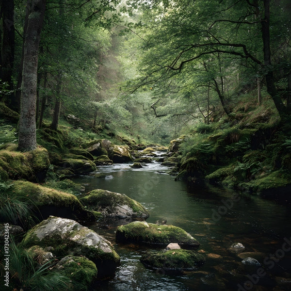 Fototapeta Serene Winding River Flowing Through Lush Forest Surrounded by Rocks and Captivating Nature's Tranquility