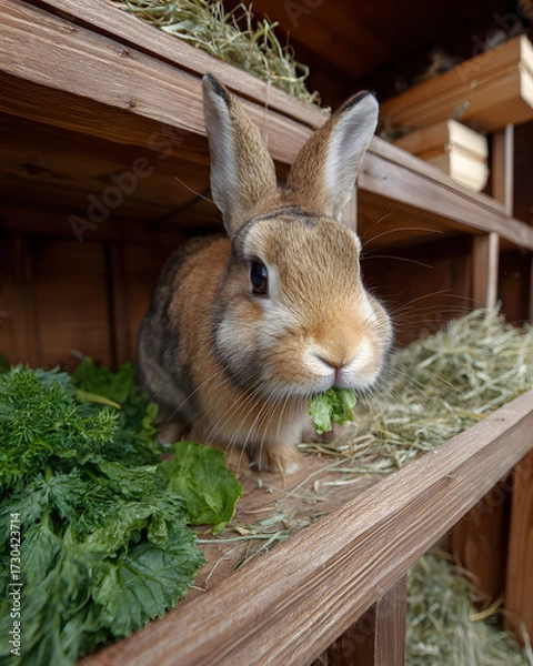 Fototapeta Rabbit Enjoying Fresh Greens in a Spacious Hutch Surrounded by Natural Elements and Cozy Environment