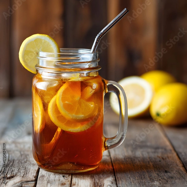 Fototapeta Refreshing Iced Tea with Lemon Slices in a Mason Jar for Summer Enjoyment and Outdoor Gatherings