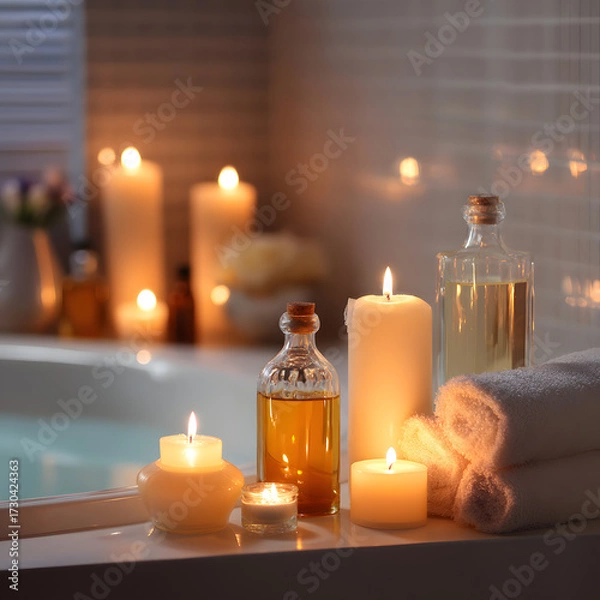 Fototapeta Tranquil Spa Bathroom Scene with Candles and Essential Oils for a Relaxing Atmosphere