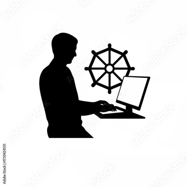 Fototapeta Silhouette of administrator configuring kubernetes cluster isolated on white background