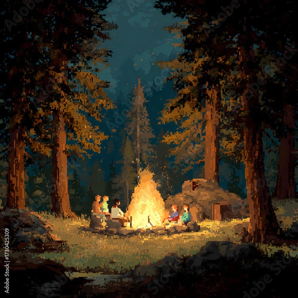 Fototapeta Retro Pixel Art Campfire Scene with Friends Enjoying Nature in a Forest Setting