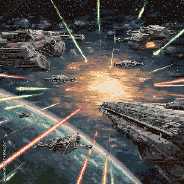 Fototapeta Retro Pixel Art Space Battle Featuring Dynamic Spaceships and Explosive Laser Effects