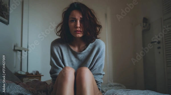 Fototapeta Sad and Upset Woman Sitting on a Comfortable Bed Crying in a Dimly Lit Room