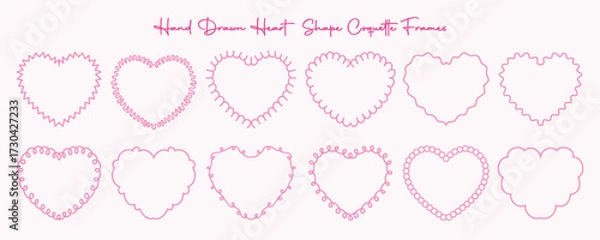 Fototapeta Hand drawn pink heart shape coquette frame. Minimalistic cute wavy, curve, round, zigzag border line art for wedding invitation, greeting card, decoration and other printable
