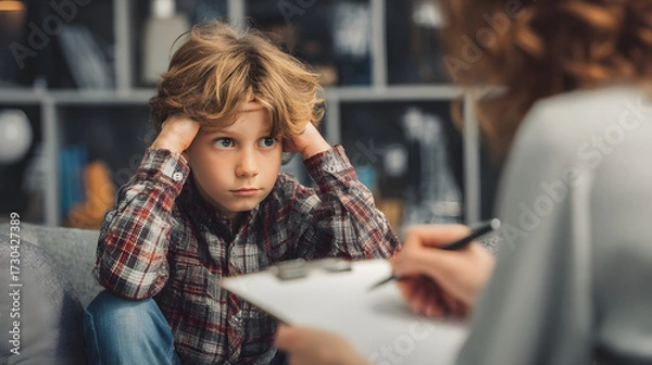 Fototapeta Child in Psychologist Office Showing Sadness During Therapy Session with Professional Listening Attentively