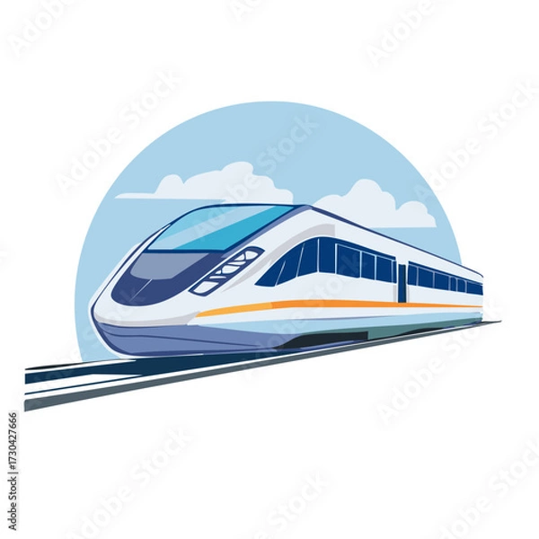 Fototapeta Modern high speed train on tracks against blue sky background.
