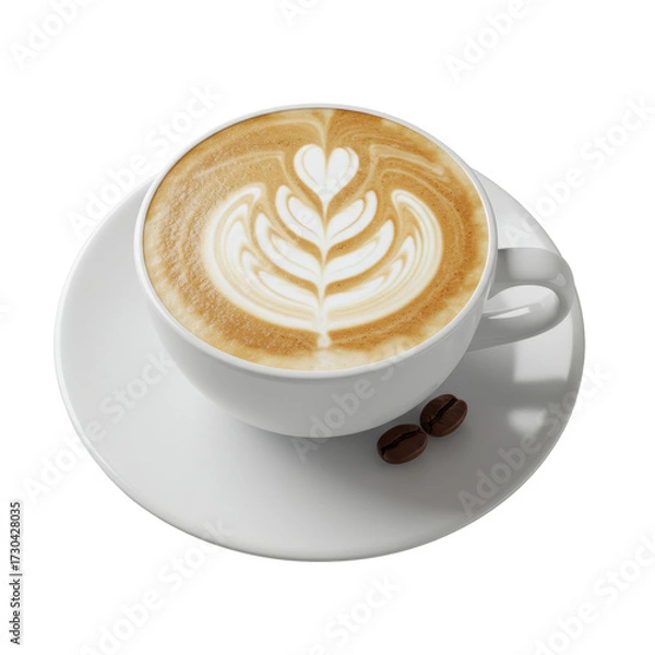 Fototapeta A gleaming white ceramic cup filled with frothy cappuccino and intricate latte art, on a matching saucer with a coffee bean, against a seamless transparent background. Concept for luxury beverage