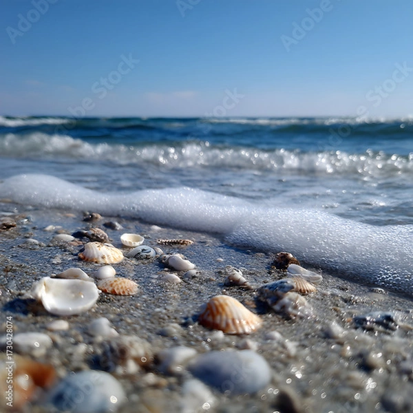 Fototapeta Sandy Beach with Seashells and Gentle Waves Under Clear Blue Sky