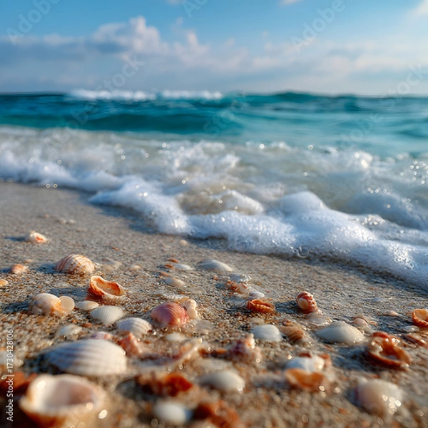 Fototapeta Gentle Waves Rolling Over Sandy Beach Covered in Seashells Under Bright Blue Sky and Soft Clouds