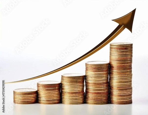 Fototapeta stacks of coins with rising arrow isolated on white background