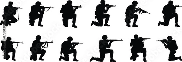 Fototapeta Silhouette of Armed Soldiers in Tactical Kneeling Positions with Rifles – Military Combat Vector for War, Defense, and Training Concepts