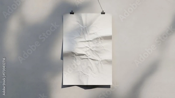Fototapeta white paper wrinkled poster template ,blank glued creased paper sheet mockup.white poster mockup on wall. empty paper mockup..