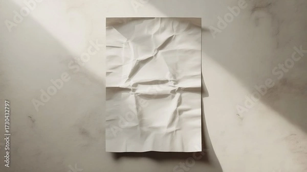 Fototapeta white paper wrinkled poster template ,blank glued creased paper sheet mockup.white poster mockup on wall. empty paper mockup..