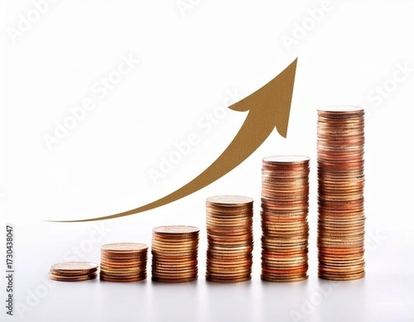 Obraz stacks of coins with arrow graph isolated on white background