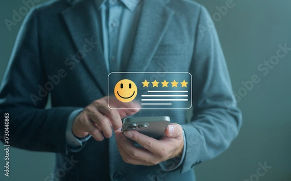 Fototapeta Businessman using smartphone to give five-star positive review with smiley face icon, symbolizing excellent customer feedback, mobile rating system, and user satisfaction in digital service.