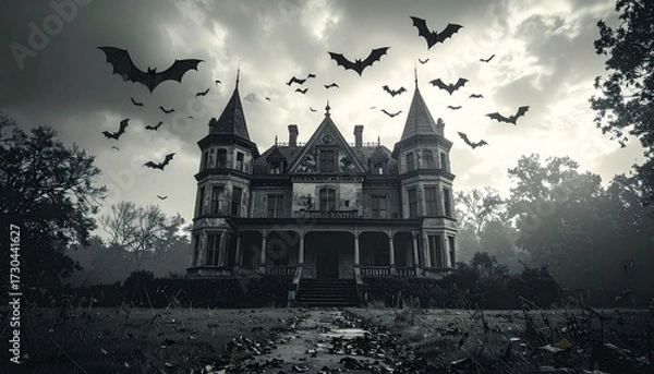 Fototapeta Bat colony circling around haunted mansion