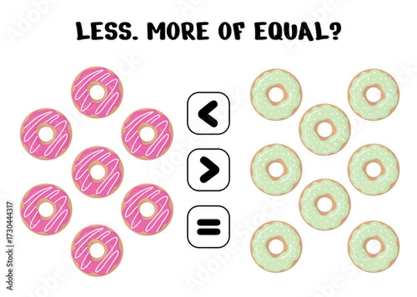 Fototapeta Math worksheet for kids featuring colorful donuts comparing quantities with less more and equal symbols