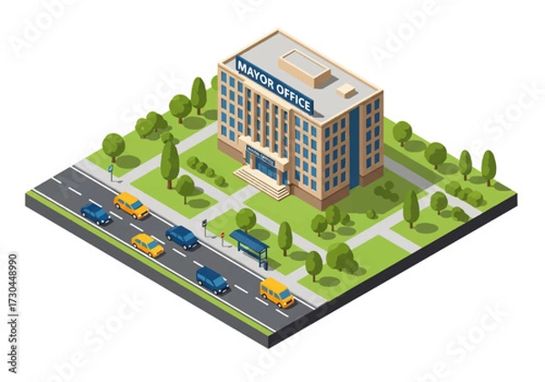 Fototapeta 3D Isometric view illustration of a mayor’s office building, dome roof, nearby trees, cars, and a bus stop, symbolizing government, leadership, and civic administration