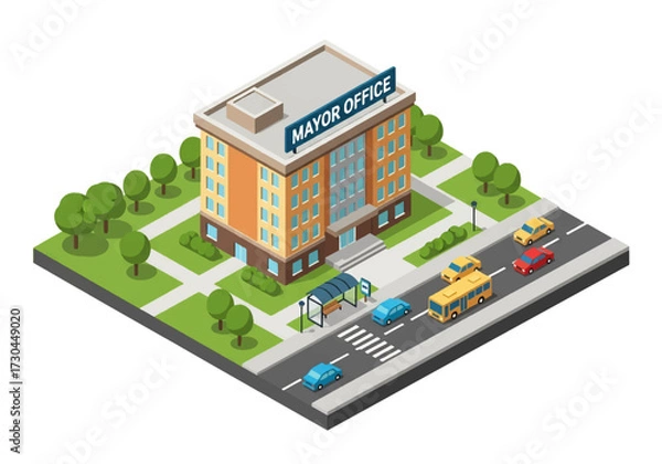 Fototapeta 3D Isometric view illustration of a mayor’s office building, dome roof, nearby trees, cars, and a bus stop, symbolizing government, leadership, and civic administration