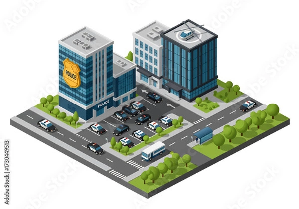 Fototapeta 3D Isometric view illustration of a police station complex with patrol cars, vans, helicopter, parking lot, and officers, symbolizing law enforcement, safety, and public security in urban areas